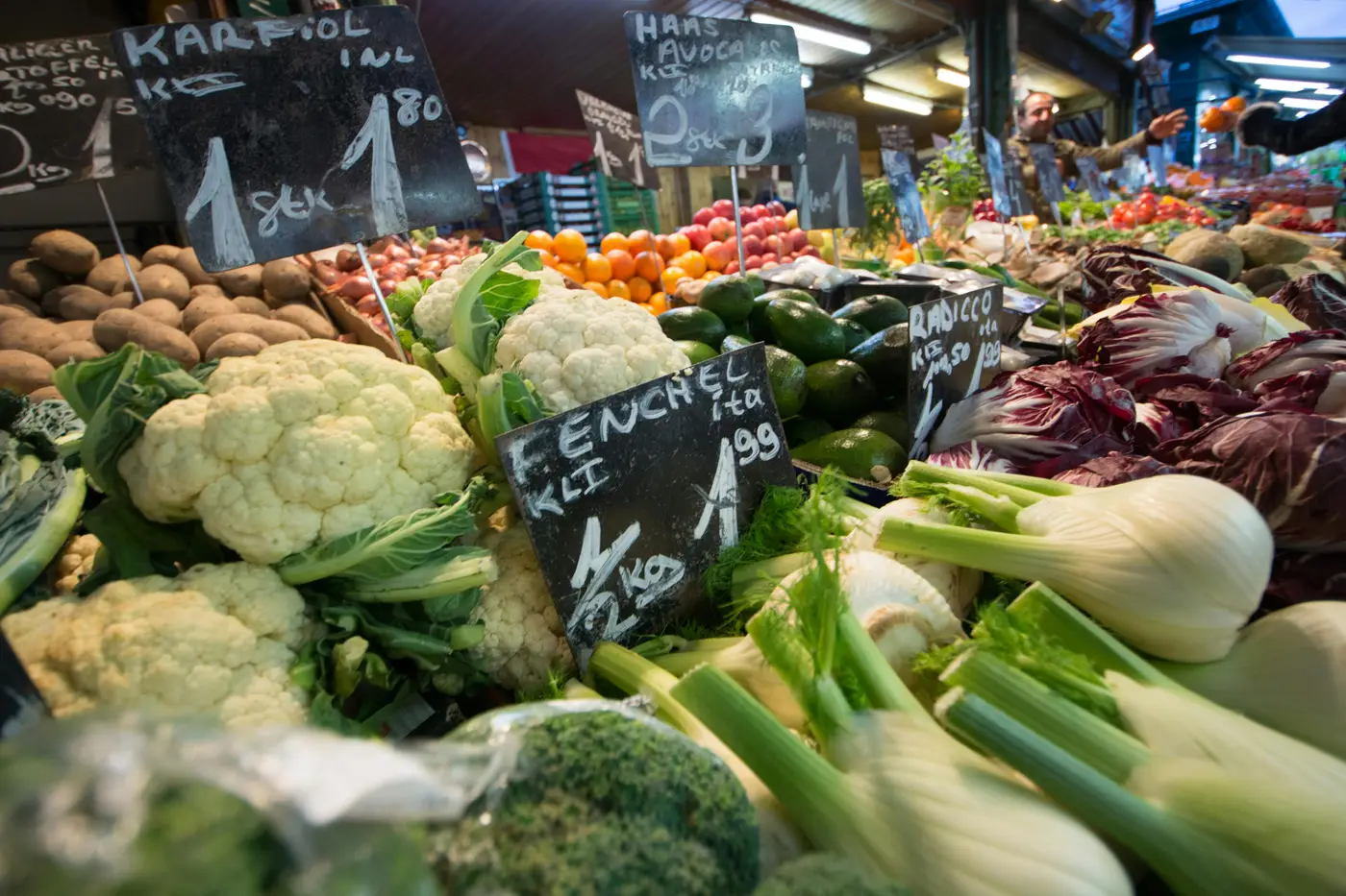 Crates of fresh vegetables at the market